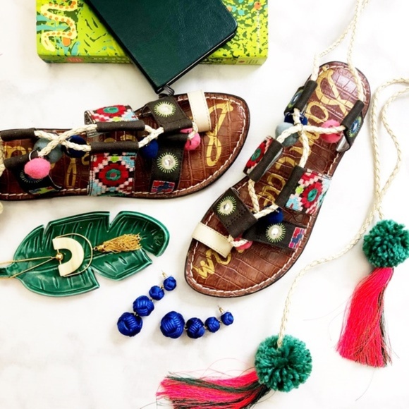 Sam Edelman Shoes - Geo Embroidered Lace Up Pom Pom Tassel Sandals